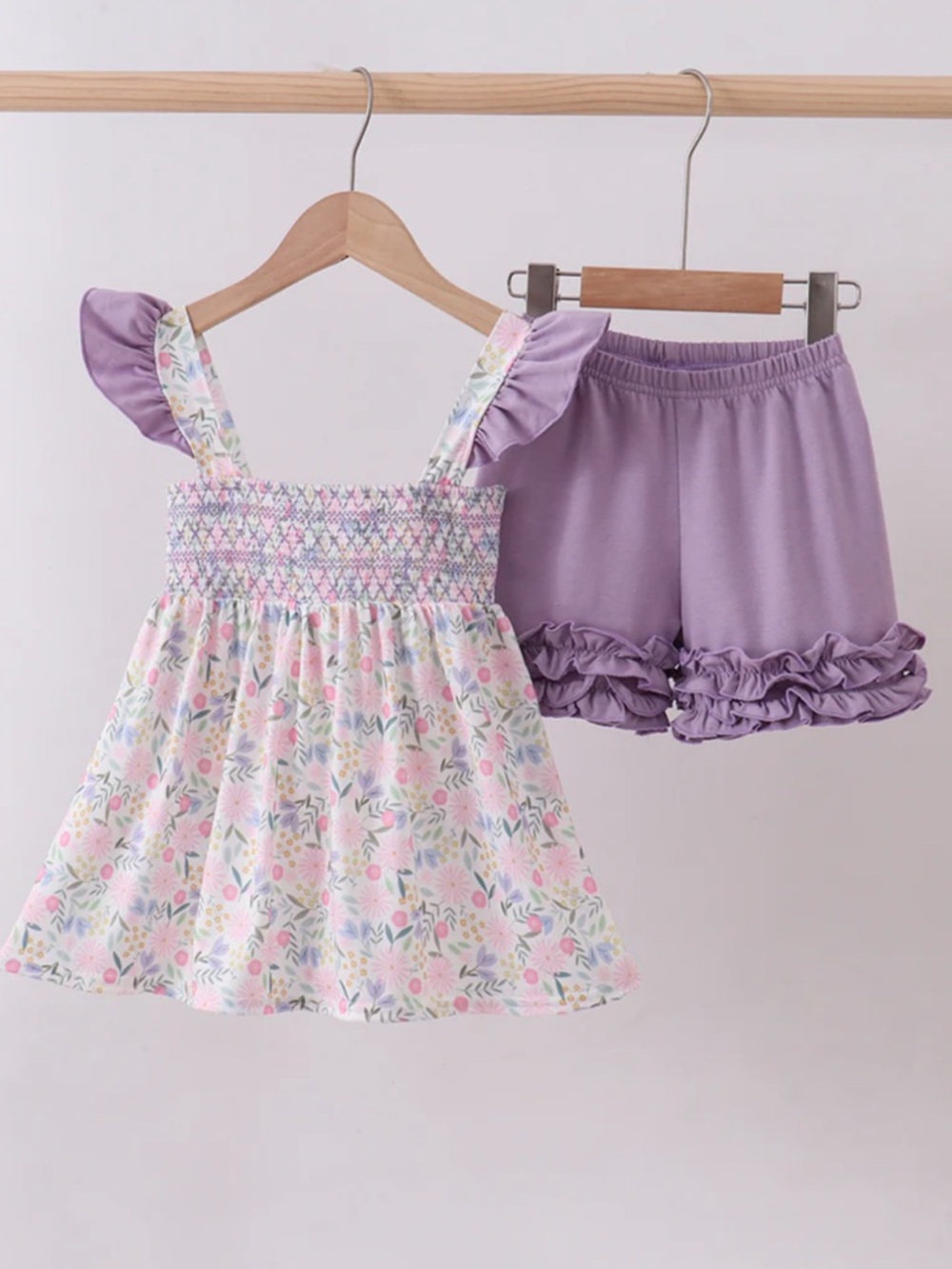 PURPLE FLORAL SMOCKED RUFFLE SHORTS SET GIRLS SIZE 2T 6 7 8 NWT